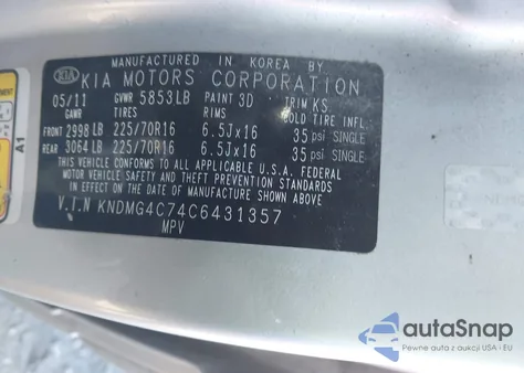 2012 Kia Sedona Lx из США, поврежденный, VIN KNDMG4C74C6431357